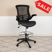 Flash Furniture BL-X-5M-D-BK-LEA-GG Mid-Back Black Mesh Ergonomic Drafting Chair with LeatherSoft Seat, Adjustable Foot Ring and Flip-Up Arms